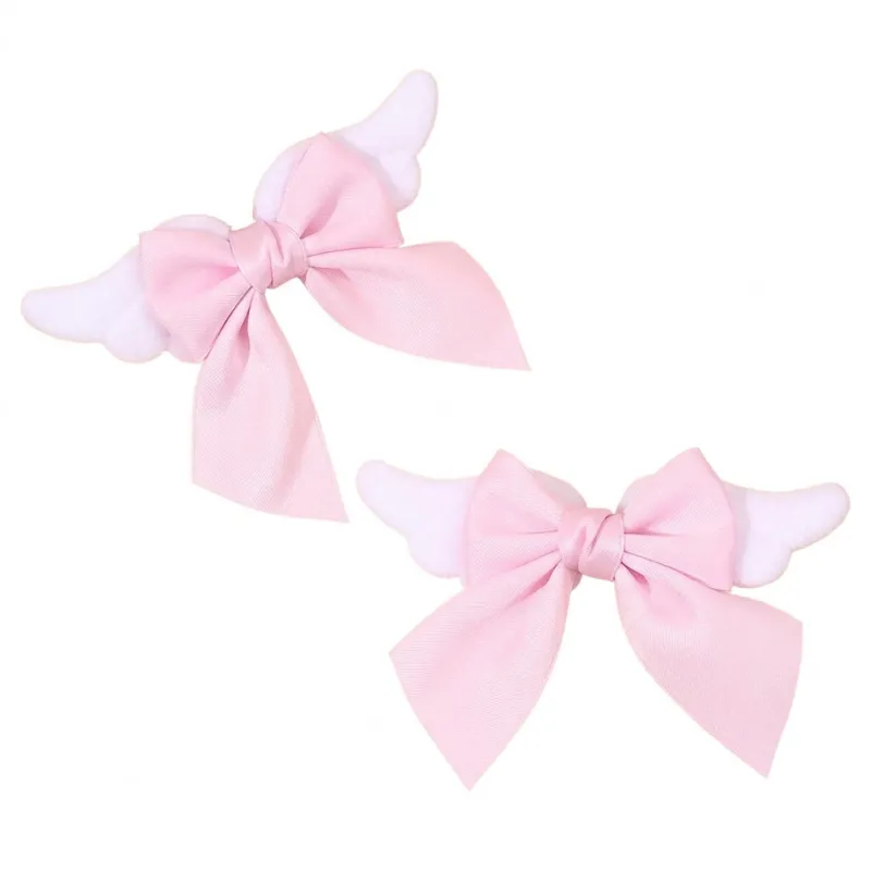 Shoptery Fairy Kei Pink Angel Wing Grosgrain Bow Hair Clips Set of 2 showing fluffy wing detail and clip fastening