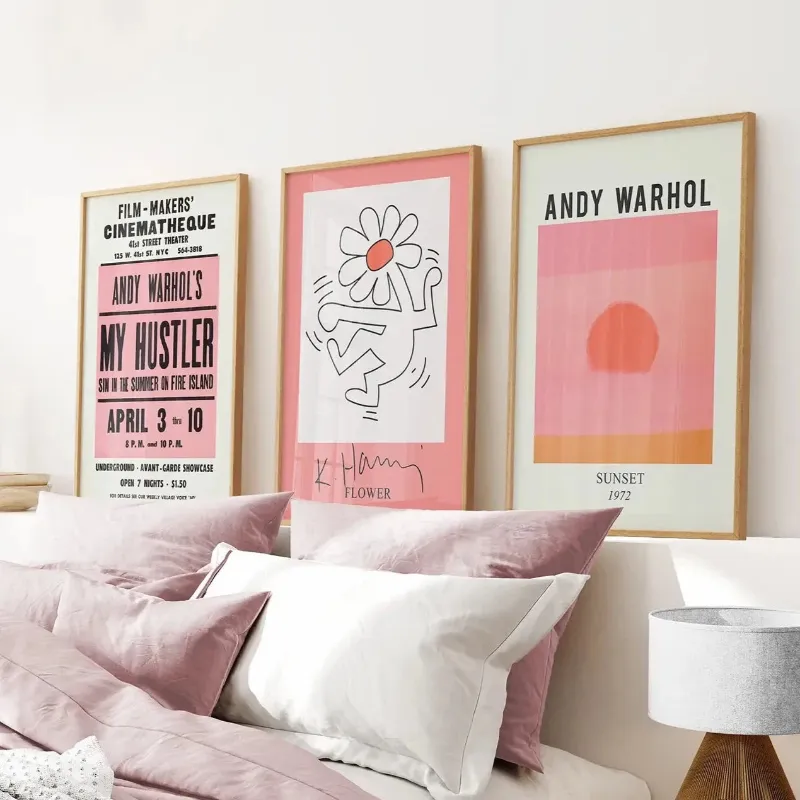 Wall Art Set Colorful Pop Art Bright Pink Wall Decor Set showing three framed vibrant pop art prints