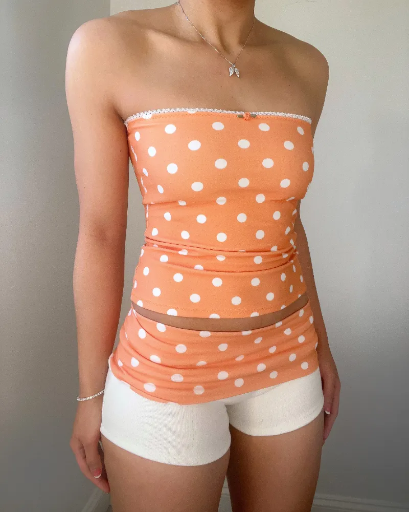 Bit By Angie Handmade Julissa polka dot set (Orange) showing a tube top and matching fold over shorts