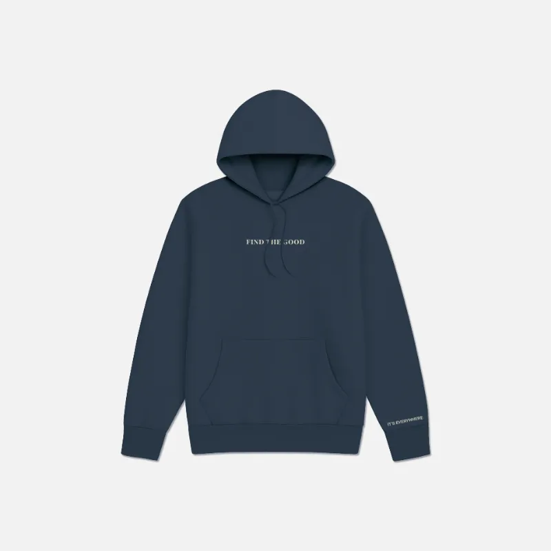 Find The Good Brand The Heavyweight Embroidered Hood Navy premium fleece hoodie with embroidered chest text