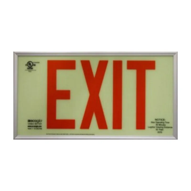 ComposiGrip Ecoglo EX Standard Luminescent Exit Signs with red letters in clear anodized aluminum frame