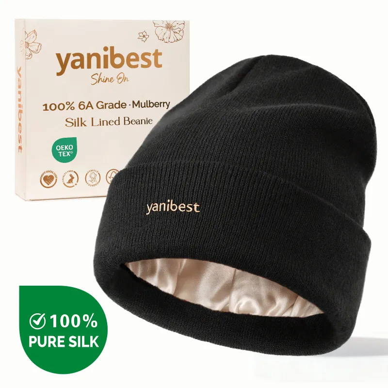 Yanibest Mulberry Silk Lined Beanie in Black, shown with silk lining folded back