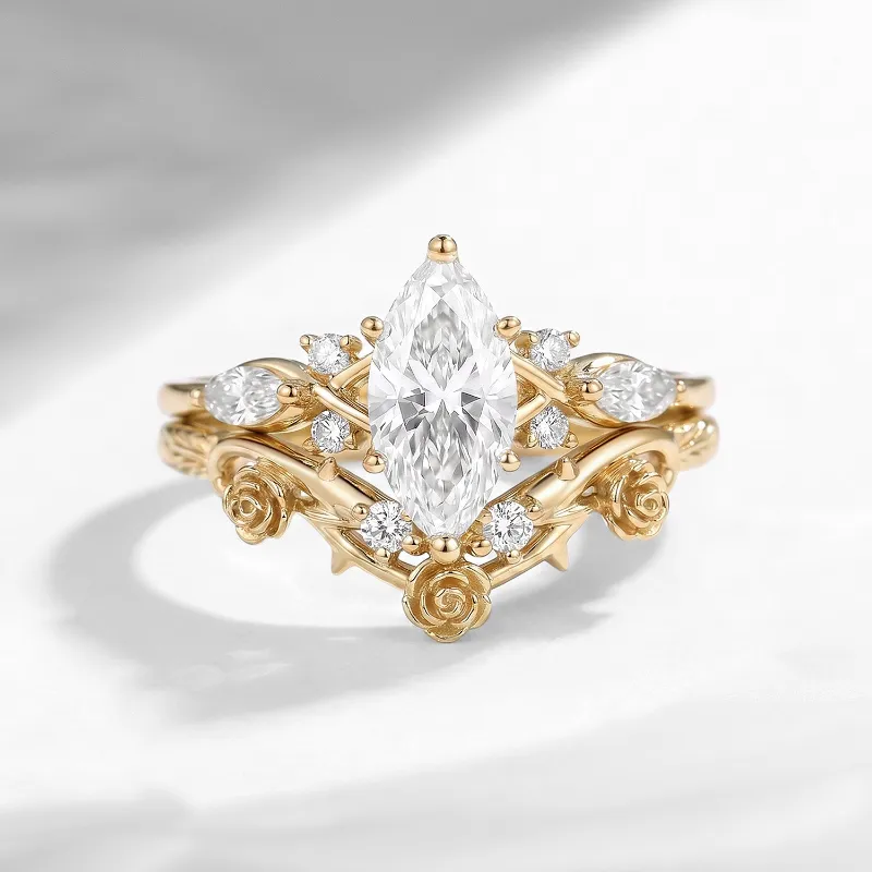 Starlandus Guarded Bloom marquise cut moissanite rose engagement ring set with rose band