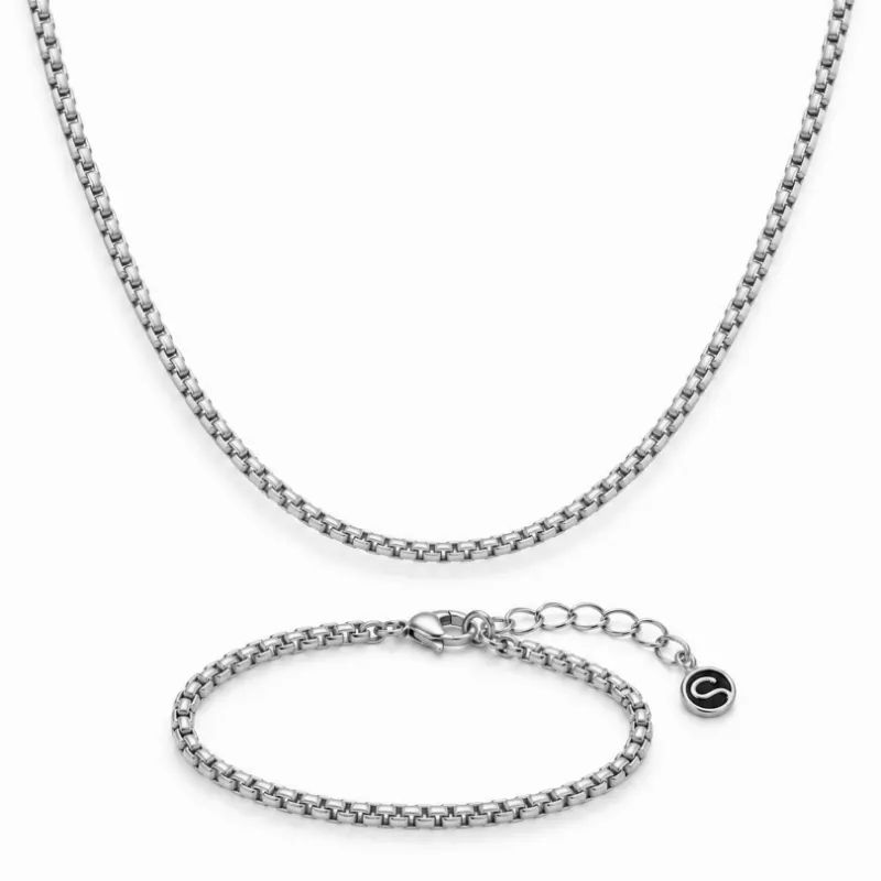 Sleek Fit Jewelry ARES SET - SILVER shown as a silver box link necklace and bracelet set