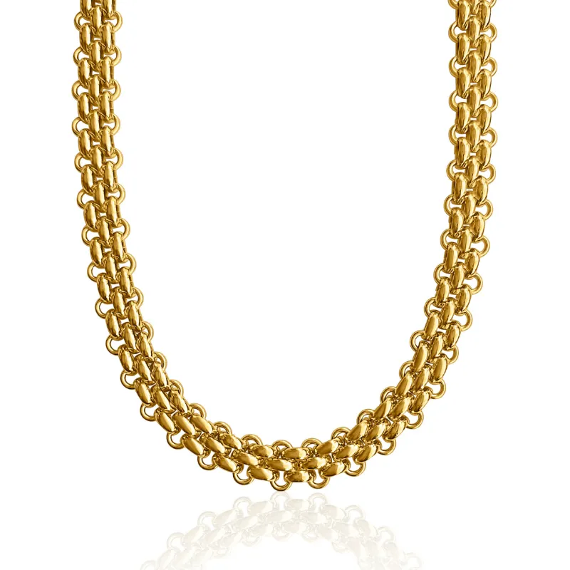 DORSYA Milan Statement Necklace showing bold gold Byzantine-style chain with interlinked design