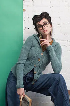 Kristen TenDyke Alice Hoodie knitting pattern for cabled hooded cardigan with buttons