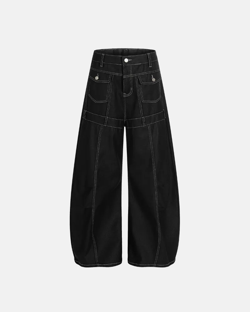 INFLATION Contrast Stitch Baggy Barrel Jeans in black denim with visible contrast stitching