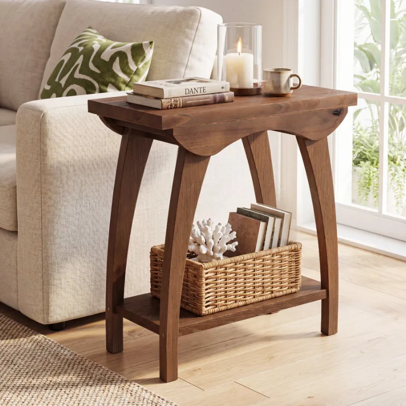 Tribesigns 2-Tier Solid Wood End Table in round shape with natural fir grain and lower shelf