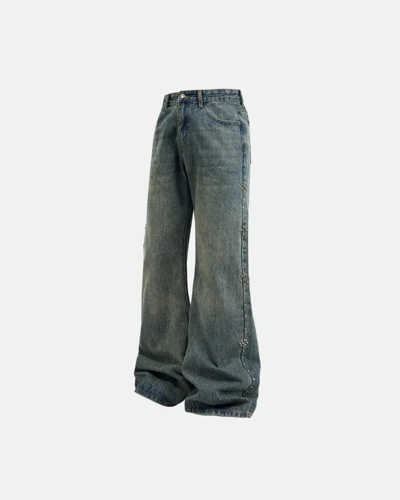 INFLATION Acid Wash Beaded Studded Flared Baggy Jeans with metallic stud detailing and distressed finish