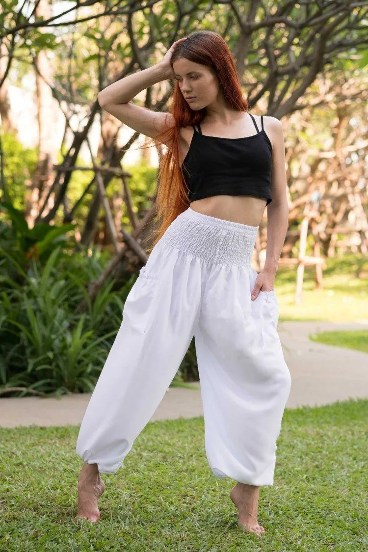 Hippie Pants White Crystal Pants, white loose-fitting yoga pants shown front view