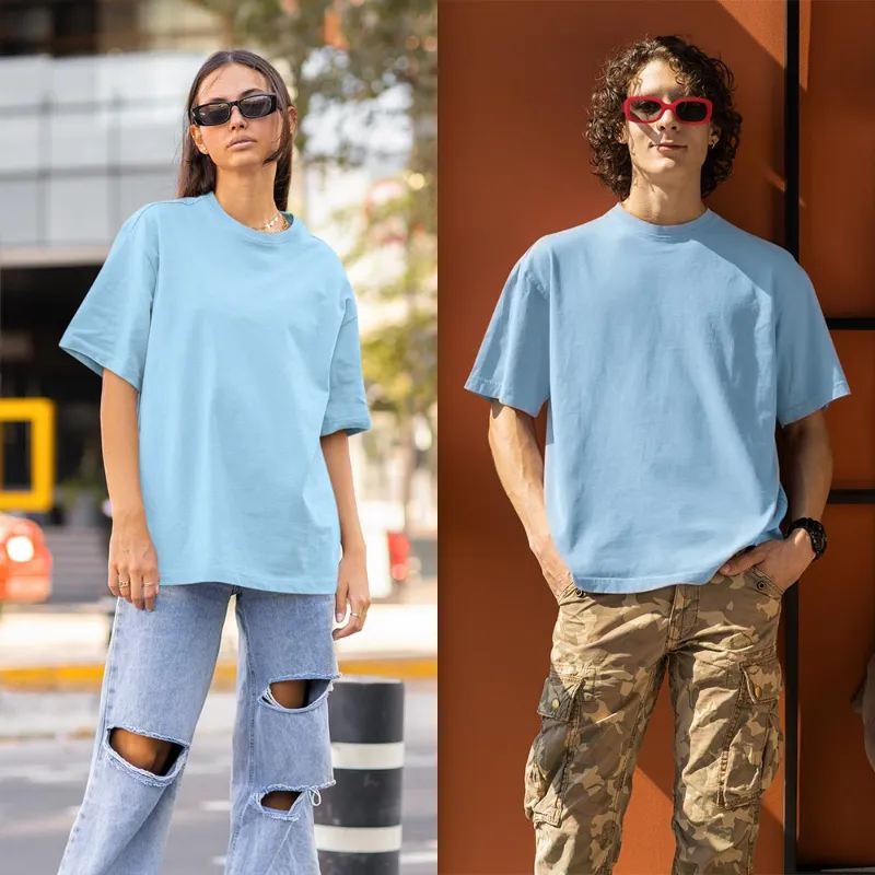 The Banyan Tee US Baby Blue Oversized T shirt, front view on model