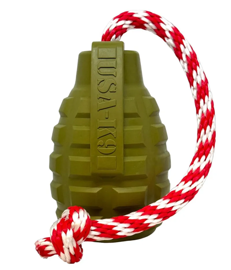 Soda Pup USA-K9 Grenade Shaped Rubber Dog Toy Chew Treat Dispenser and Tug Toy Army Green product photo