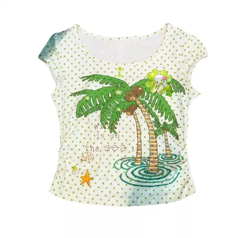 Shoptery Gyaru Tropical Polka Dot Graphic Baby Tee with Studded Belt and art print