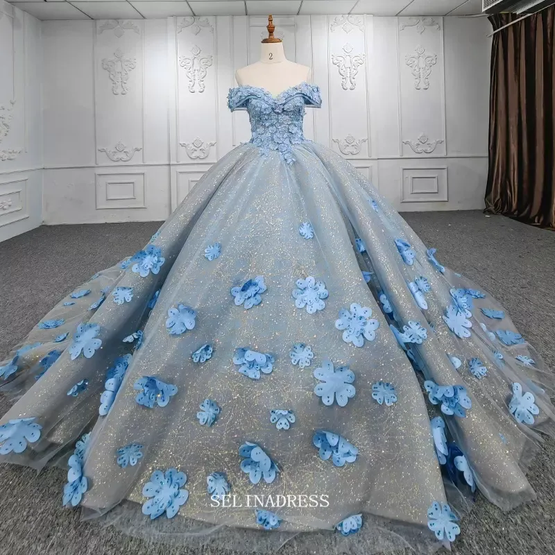 Selinadress 3D Floral Off Shoulder Sky Blue Ball Gown Beaded Princess Dress Pageant Dress DY9939 with sweep train