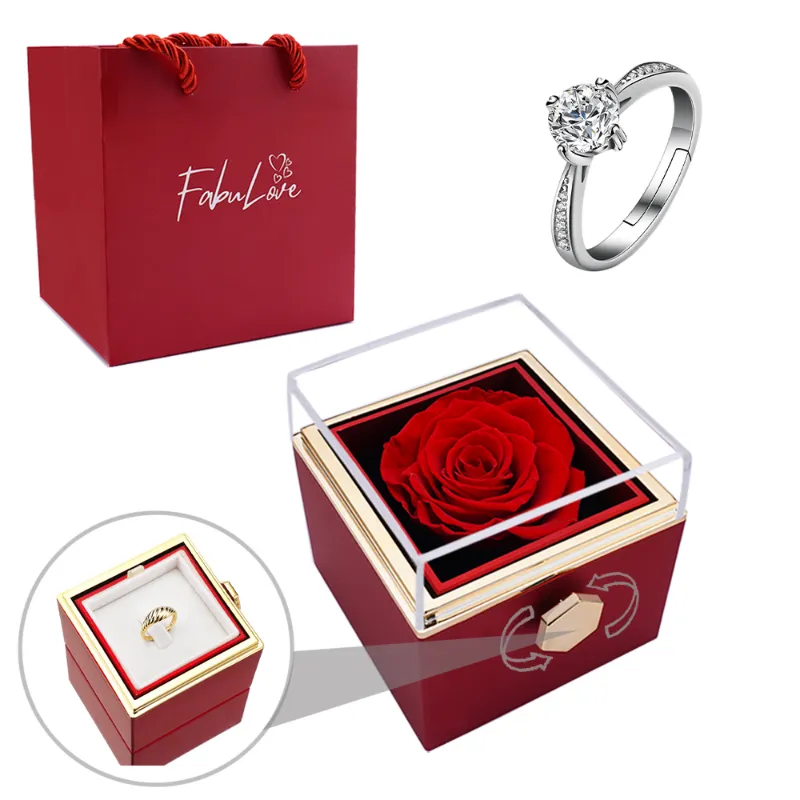FabuLove Eternal Rose Box with S925 Ring and Real Rose showing preserved rose and sterling silver ring in gift box