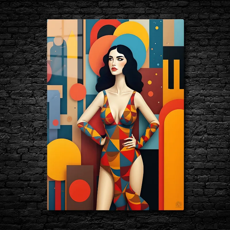 CruArt Geometric Glamour Metal Print showing figure in colorful geometric pattern outfit against abstract background