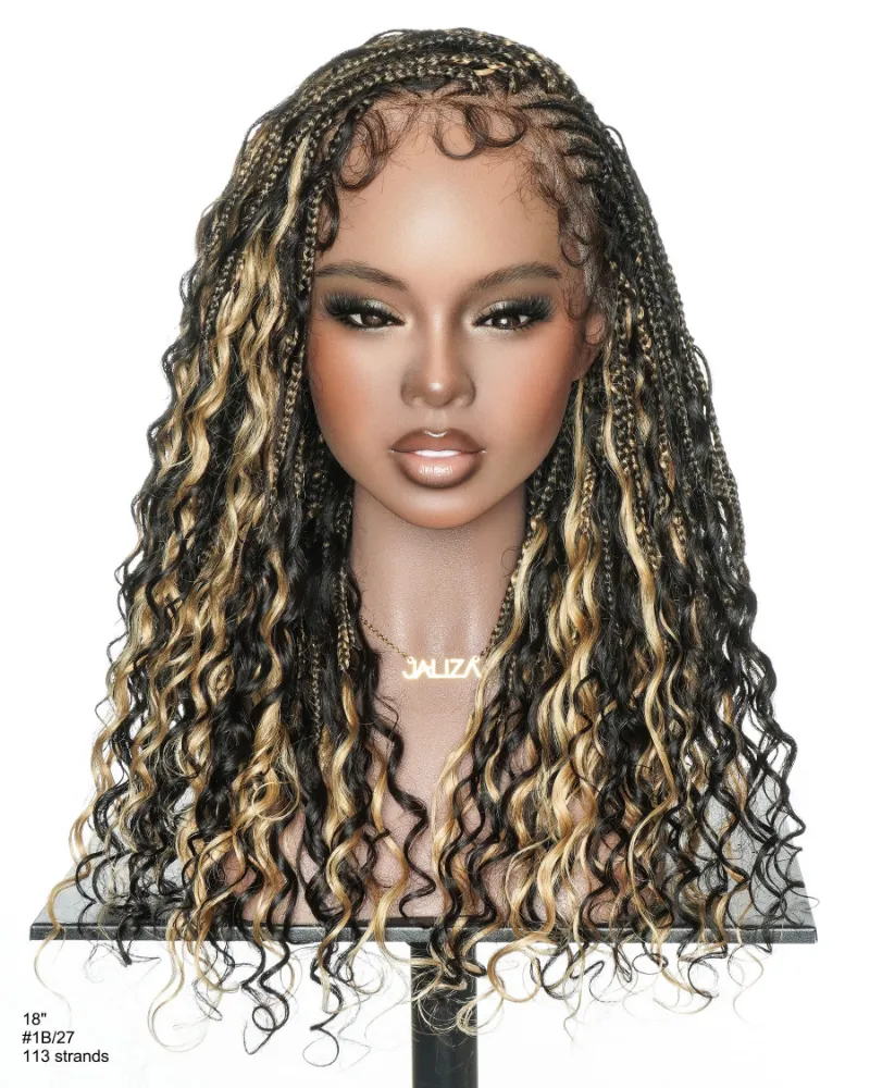 Jaliza Avery 18" Blend Color Fulani Human Hair Flip Over Boho Braided Wig showing Fulani style with wavy ends