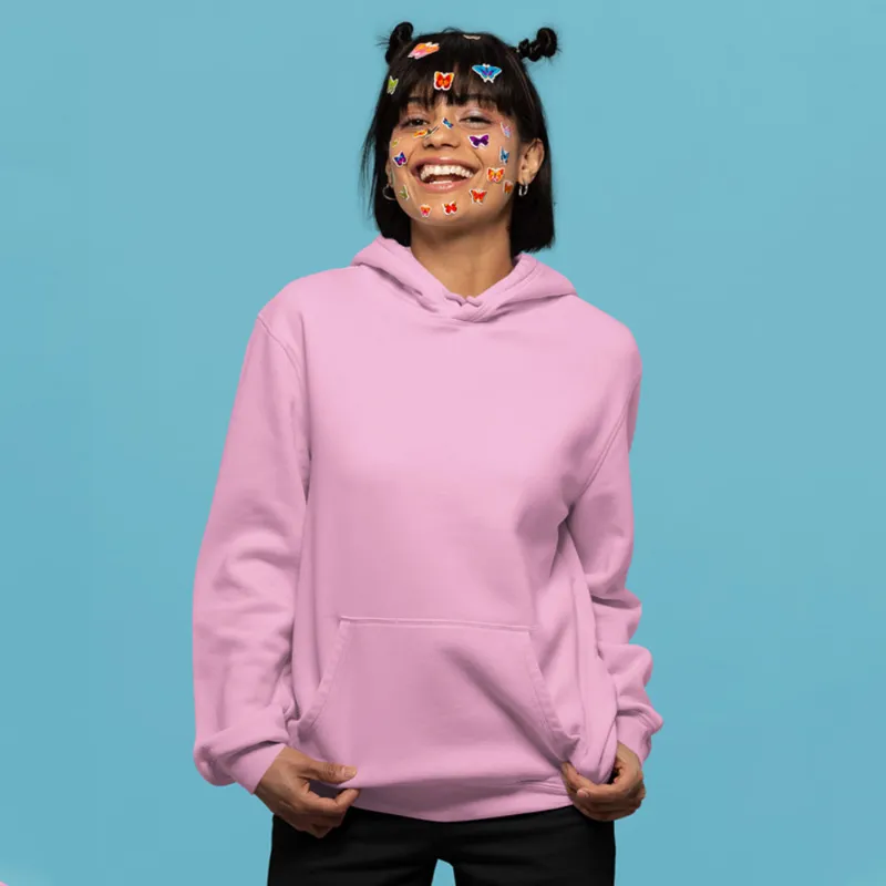 The Banyan Tee US Baby Pink Hoodie, front view with pockets visible