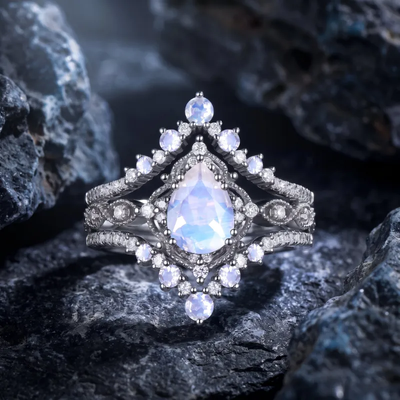Starlandus Elara vintage pear natural moonstone engagement ring set with milgrain detailing in delicate openwork frame