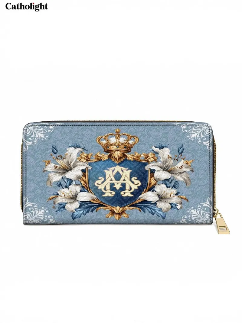 Catholight Sacred Devotion Leather Wallet Purse with Marian monogram, lilies, and golden crown