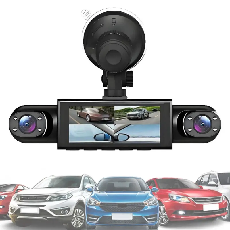 Kicklo 360 Degree View 4Ch Dash Cam mounted on car windshield with dual camera lenses