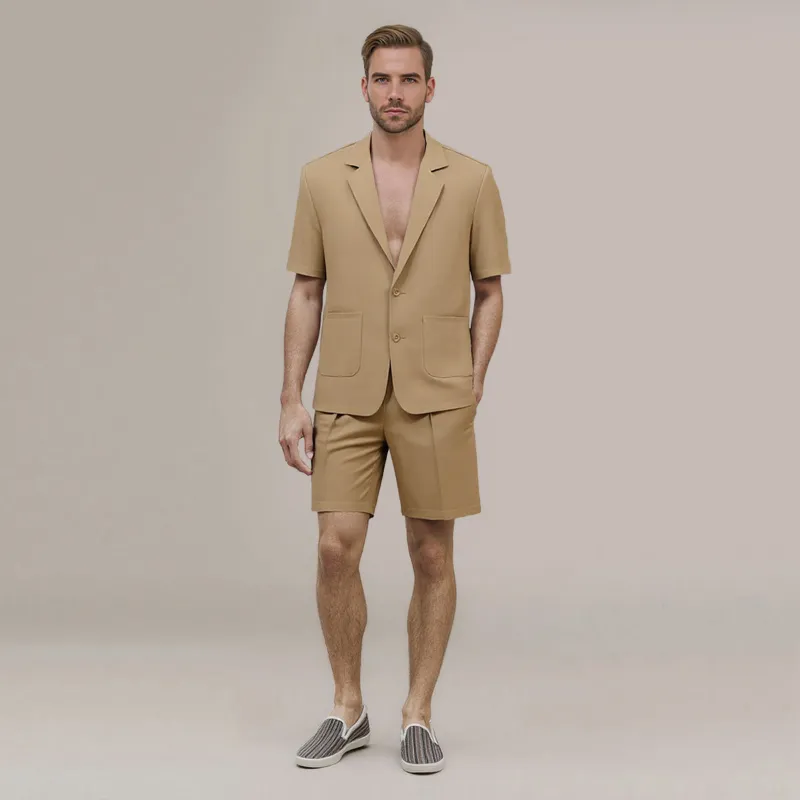 Cloudstyle C4D0135 Series Solid Color Hawaiian Summer Suit in khaki, front view of button-front shirt and shorts
