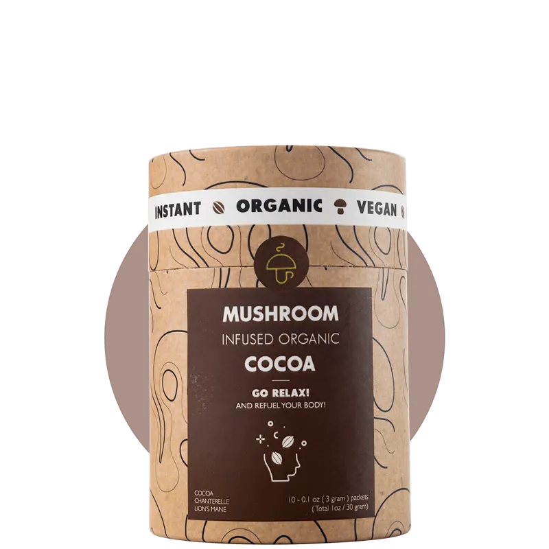 Mushroom Cups Go Relax organic instant cocoa 10 servings box