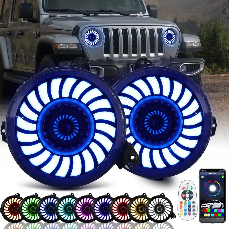Sunpie 9 inch RGBW Series 3D LED Lens Halo LED Headlights with Turn Signal for 2018-2026 Jeep Wrangler JL JLU 4xe & Jeep Gladiator JT