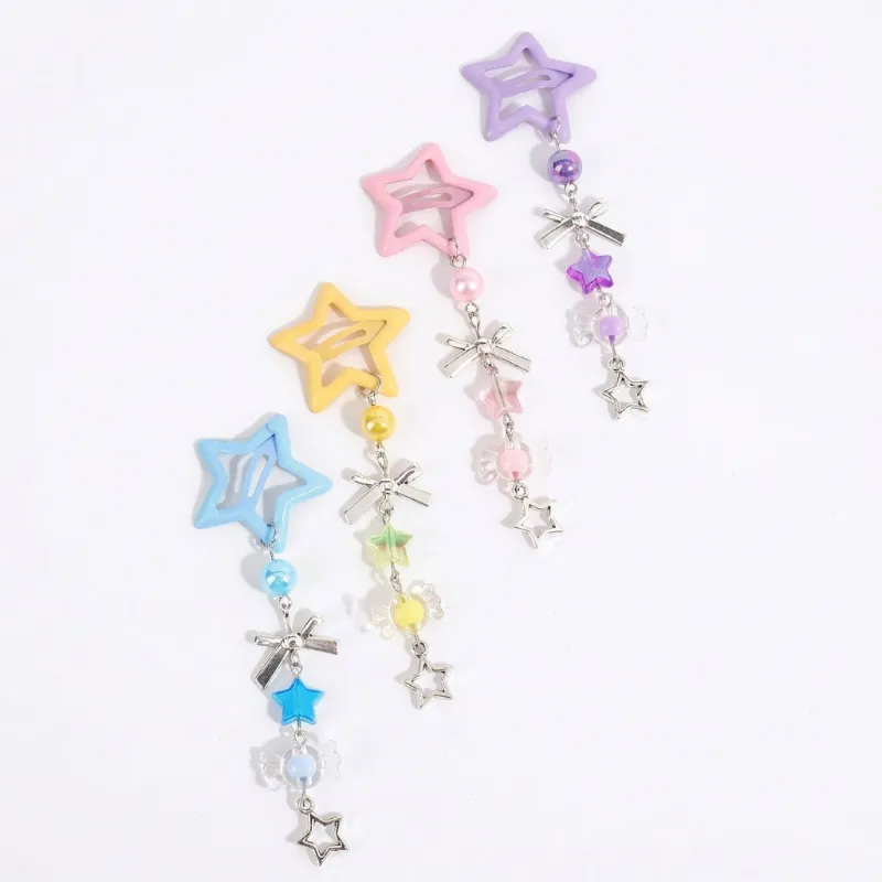 Shoptery Decora Pastel Star Beaded Bow Dangle Hair Clips Set of 4, star clips with candy bead dangles