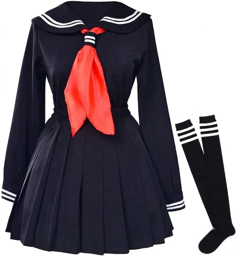 Shoptery Jirai Kei Dark Sailor Uniform Pleated Dress & Striped OTK Socks Set with collar trim