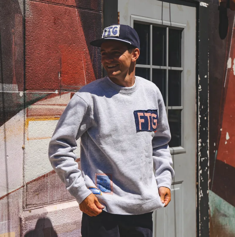 Find The Good Brand Limited Edition Sewn Find The Good Crew in grey with hand patched lettering and patchwork sunset back