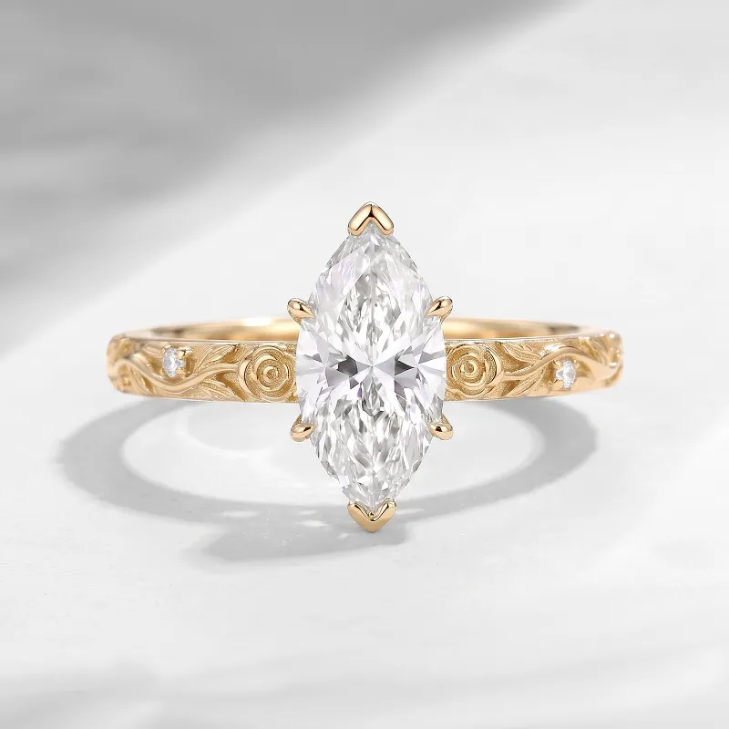 Starlandus Rose Éternelle nature inspired marquise cut moissanite romantic rose flower engagement ring with rose carving band