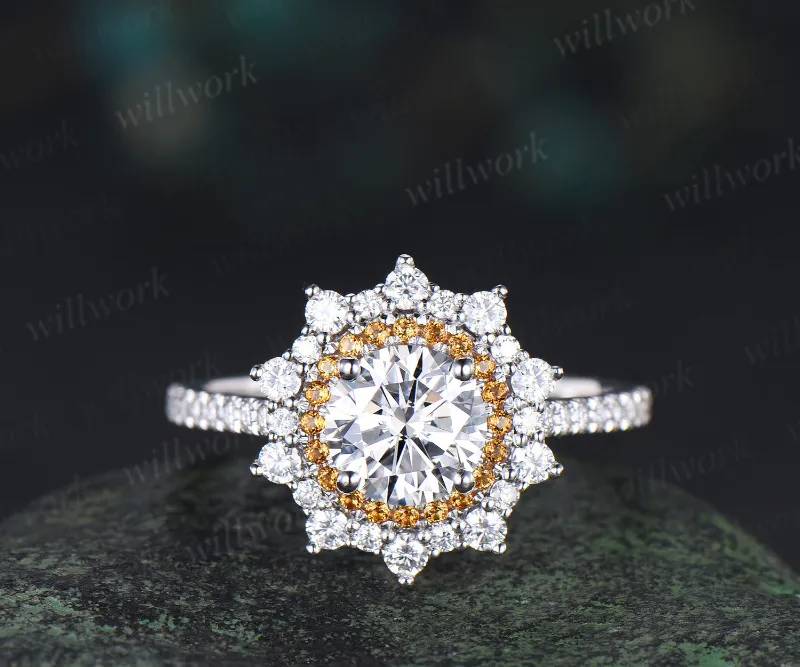 WillWork Jewelry 1ct moissanite double halo citrine ring white gold