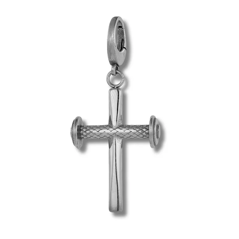 Sleek Fit Jewelry Cross Pendant - Silver (L), a large stainless steel weight plate pendant photographed in detail