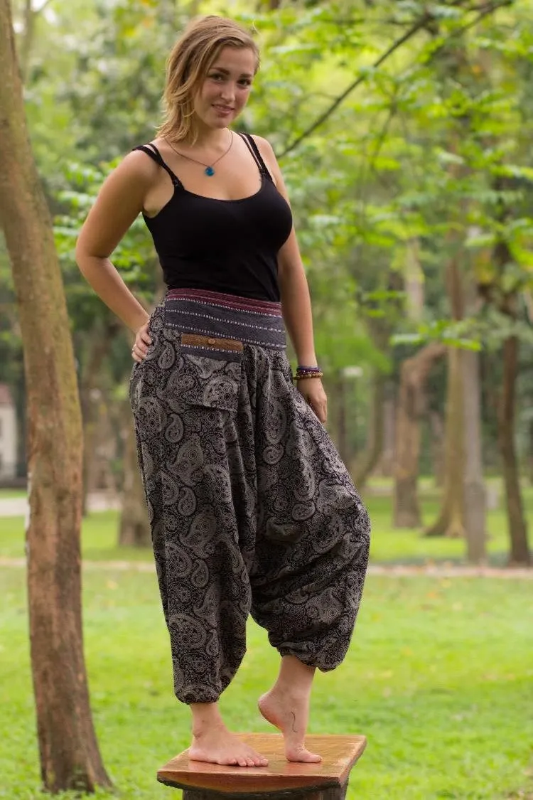 Hippie Pants Black Ocean Pants, black ethnic print pants with abstract droplet design