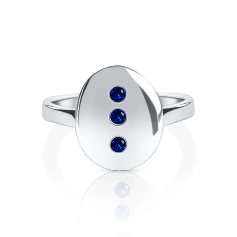 DORSYA September Birthstone Signet Ring with three natural blue sapphires set in sterling silver coin top