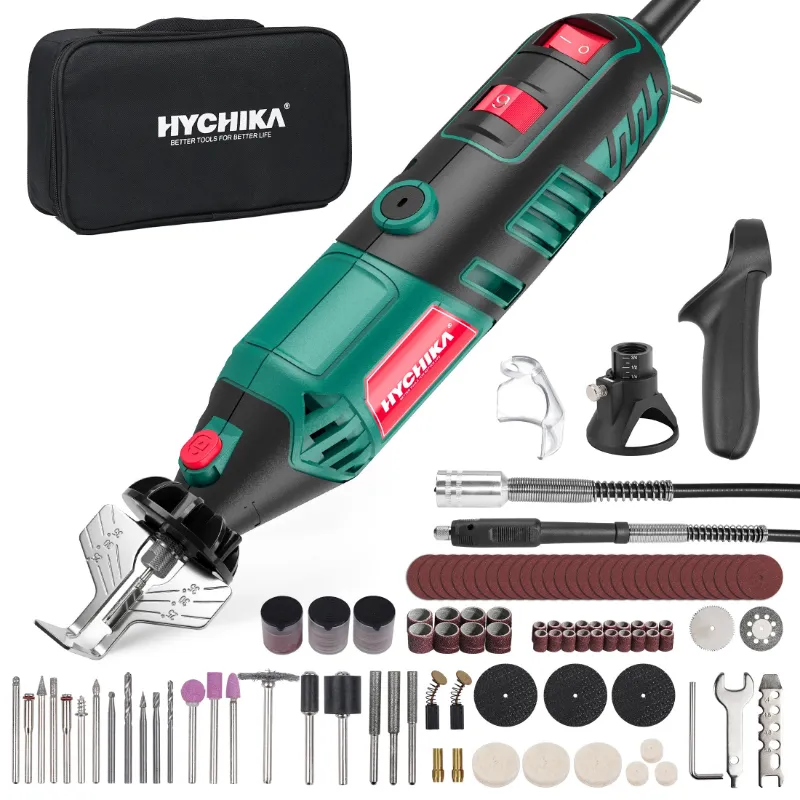 HYCHIKA 179-piece corded rotary tool kit with flex shaft and grinding chain bracket