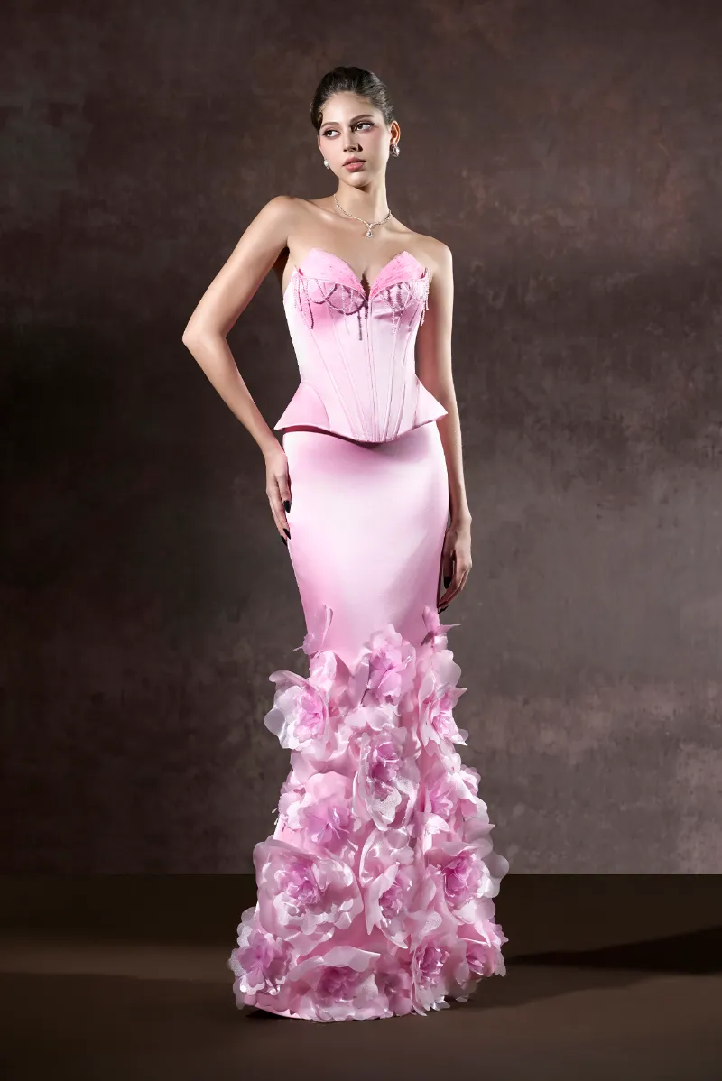 Kalisa Kalena Corset Crystal Bust 3D Floral Maxi Dress with handcrafted details