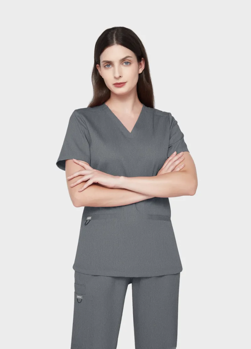COMENII SoftTouch Essential Scrub Top in Graphite, front view