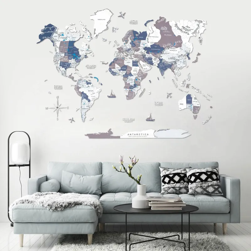 Enjoy The Wood 3D Wooden World Map Cruise with colorful layered continents mounted on wall