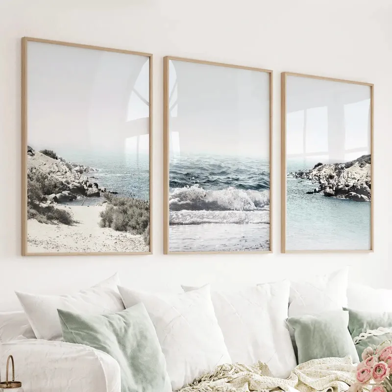 Wall Art Set 3 Piece Coastal Seascape Set Blue Waves Rocky Beach with pastel ocean prints