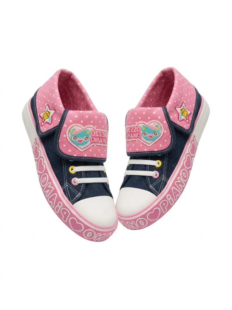 Shoptery Decora Denim & Pink Polka Dot Kawaii High-Top Sneakers, pink embroidered sneakers photographed side-on