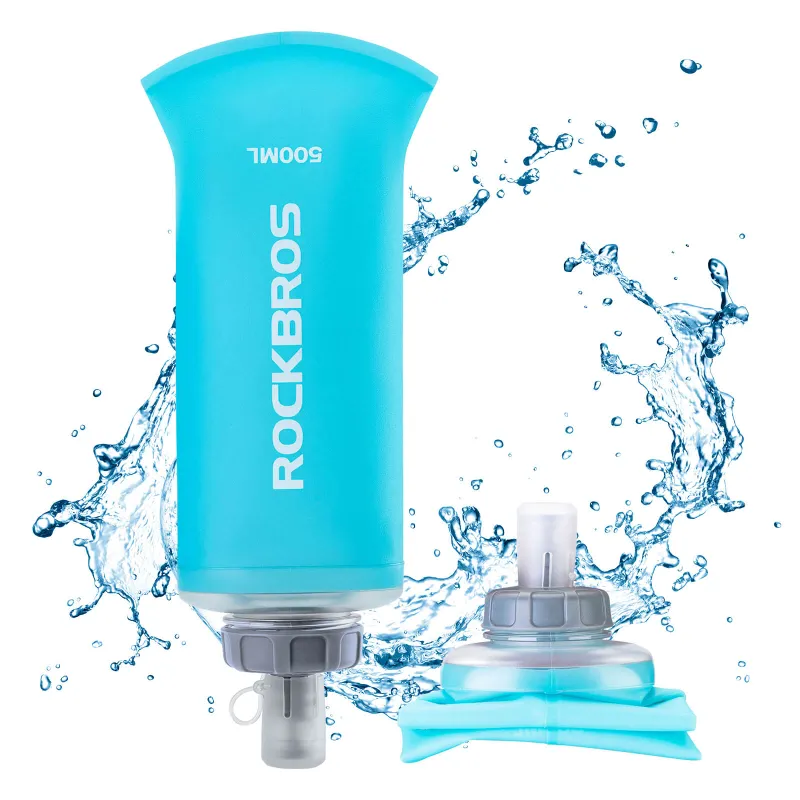 RockBros US 500ml Collapsible Water Bottle for Outdoor Use shown in expanded and folded states