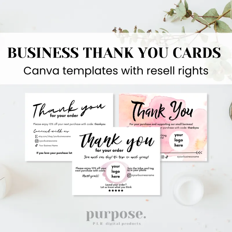 Purpose PLR Business Thank You Card Templates showing 3 card designs