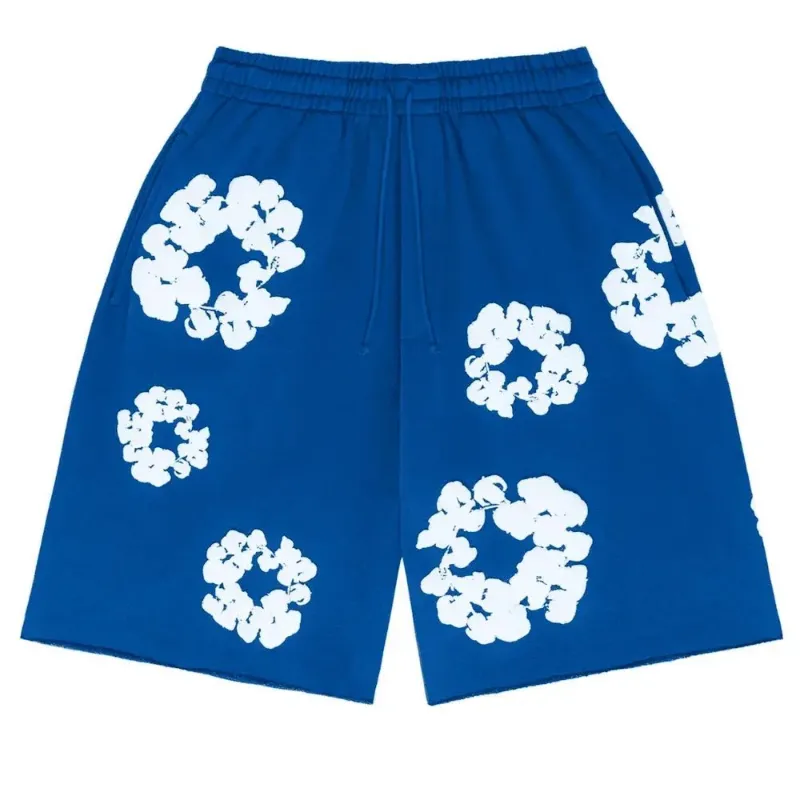 AfewVibe Denim Tears The Cotton Wreath Shorts Royal Blue, royal blue shorts with white wreath print