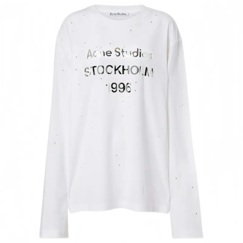 AfewVibe Acne Studios Rhinestone logo Long sleeve T-shirt Optic White