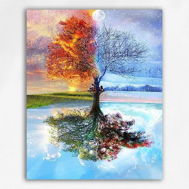 Maikoo Art four seasons tree Paint by Numbers kit showing tree with seasonal color quadrants