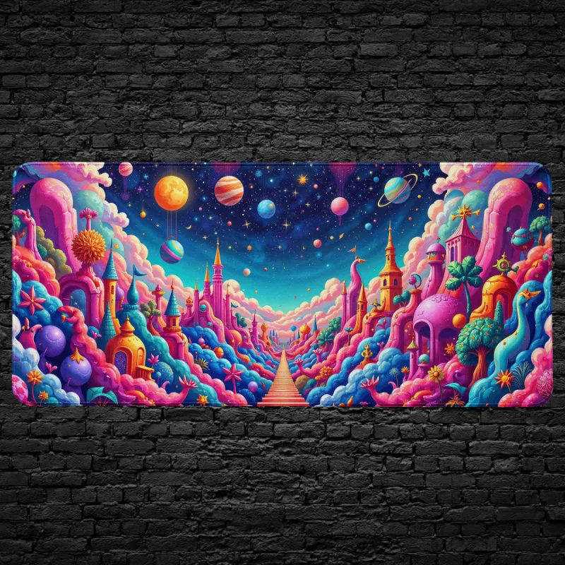 CruArt Fantasy Galaxy Castle Desk Mat showing colorful cosmic dreamscape with floating planets and fantasy castles