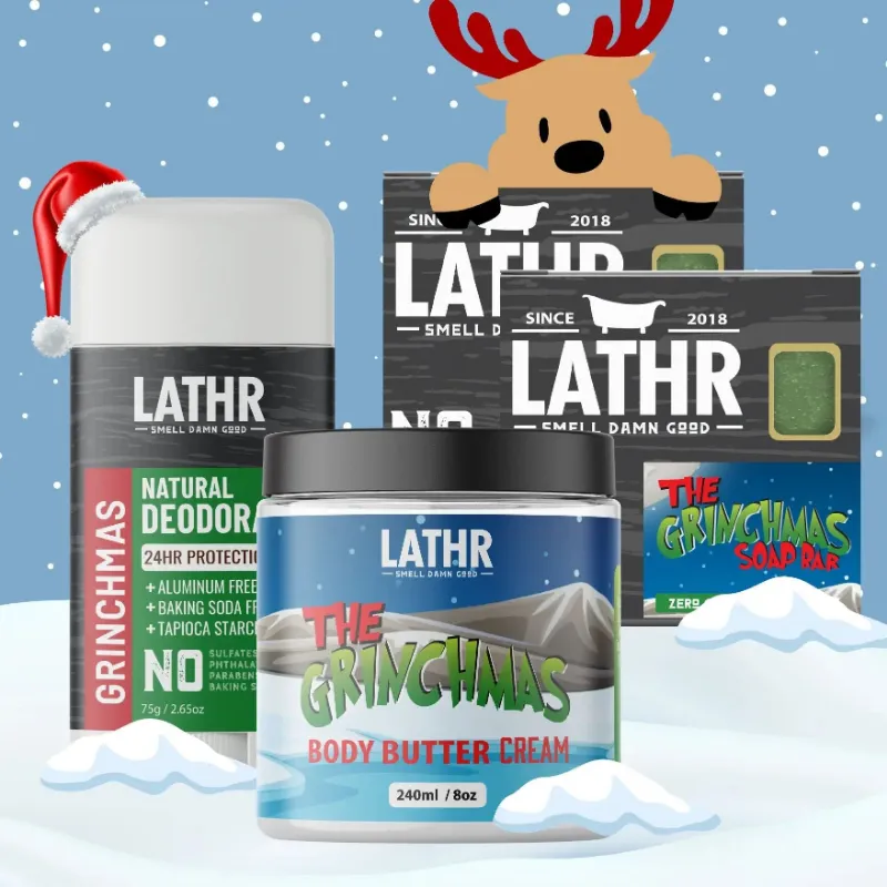 LATHR Grinchmas Bundle with soap bars, deodorant, and body butter