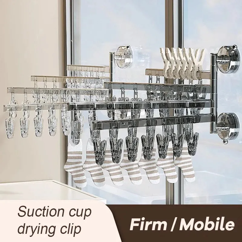 Kicklo 180° Rotation Drying Suction Cup For Clothes mounted on wall with clips extended
